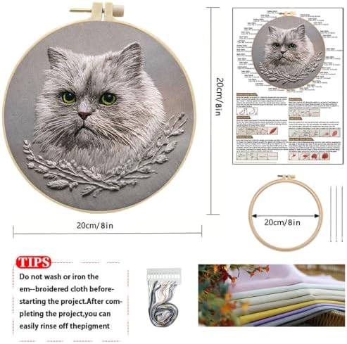 Grey Cat Embroidery Kit for Adults with Tools & Instruction