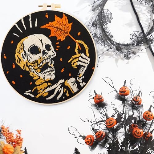 Crafmanoe Halloween Gothic Embroidery Starter Kit for Beginners Adults, Skull Skeleton Stamped Cross Stitch Kits for Beginners Adults, Funny Fall Hand Embroidery Needlepoint Kits with Video Tutorial