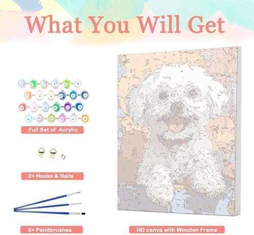 Auremi Puppy Paint by Number Kits with Framed, DIY Animals Paint by Number Canvas for Adults, Easy Acrylic in Canvas with Brushes for Decor 20x30cm