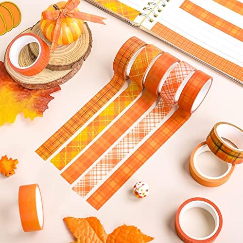 Whaline 12 Rolls Fall Plaid Washi Tapes Orange Red Buffalo Plaid Decorative Tape Autumn Solid Color Polka Dots Patterned Masking Tape for Fall Scrapbook Journal DIY Craft Gift Wrapping, 0.6Inch
