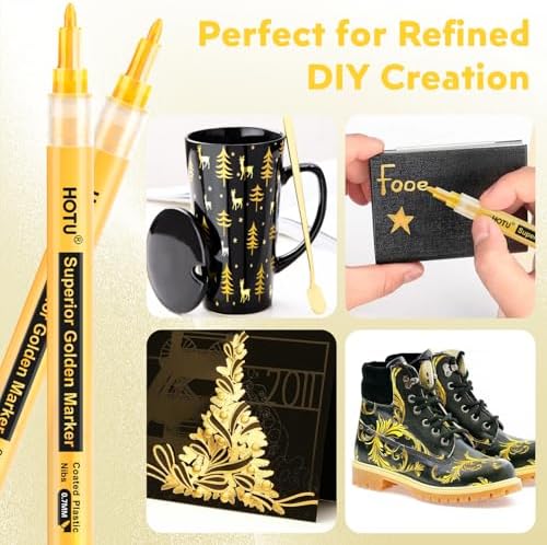 HOTU 5 Pack Super Gold Paint Markers - Metallic Gold Acrylic Paint Pens Glitter Extra Fine Tip 0.7mm for Black Paper,Wood, Rock Painting, Glass, Fabric