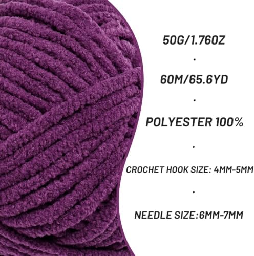 3 Packs Plush Chenille Chunky Crochet Yarn - Baby Yarn for Crocheting Soft - Velvet Yarns Knitting for Blankets Crafts - Fluffy Amigurumi Yarns 150g / 196.8yds (3 Violets)