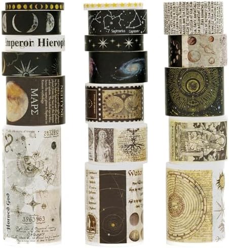 18 Rolls Vintage Washi Tape Pack Retro Arts Adhesive Tapes Wide Monologue Decorative Masking Tape Sets for Craft, Kids, Scrapbook, DIY, Gift Wrapping (Universe Milky Way)