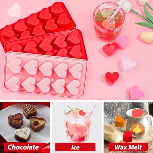 Webake Heart Ice Cube Molds, 10-Cavity Heart Shaped Silicone Molds for Chocolate, Ice Cubes, Candy, Soap, Pink Red Ice Cube Trays for Cocktails, Whiskey, Drinkings (Pack of 3)