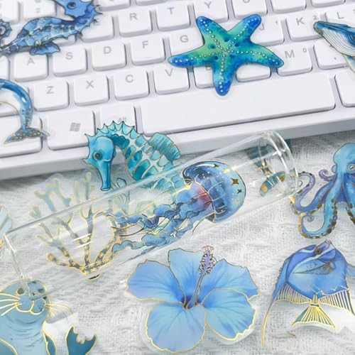 50pcs Ocean Animal Stickers for Laptop Water Bottles, Gold stamp Transparent PET Waterproof Adhesive Fish Decal Under The Sea Marine Life Sticker for Kids Birthday Party Scrapbook Gift box(Gold stamp)