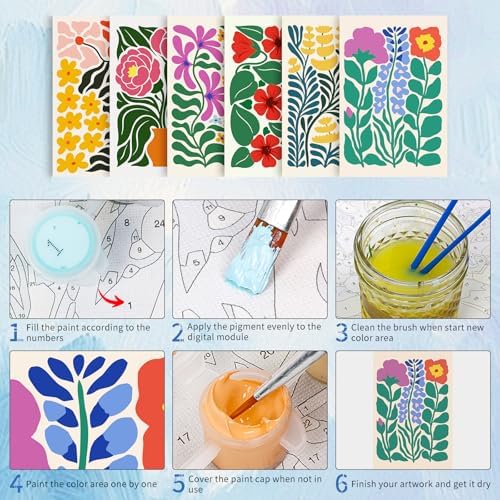6 Pack Paint by Numbers Kit for Adults, Flowers Number Painting, 8x12 Inch | DIY Adult Paint by Number Kits on Canvas for Beginners, without Frame, Botanical Home Wall Decor, Stress Relief Craft Gift
