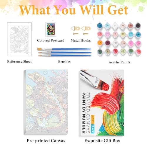 Framed Paint by Numbers Kit for Adults, Colorful Lizard Design 8x12 Inch