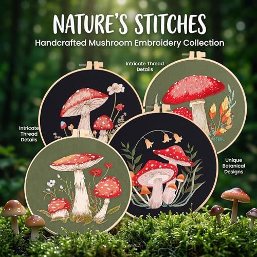 Harimau Adult Beginner Embroidery Starter Kit, Complete Set with 4 Patterns, 2 Hoops, Needles, Scissors, Instruction Guide & Stitching Video Tutorials