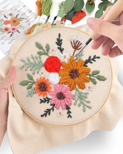 ERKOON Punch Needle Kit Beginners Adults, DIY Easy Flower Embroidery Set for Starter Art Craft, Needling Punching Project with Patterns, Tools, Yarns, Hoop, Instruction (Rainbow Flowers)