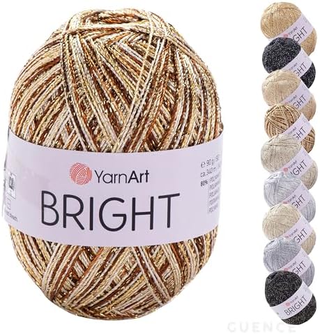 YarnArt Bright Metallic Glitter Yarn – 80% Polyamide 20% Metallic Polyester, 90g 340m, Soft Sparkle Fiber for Crochet, Lace, Summer Tops & Accessories – 4 mm Needle & Hook (227, Multicolor Gold Mix)