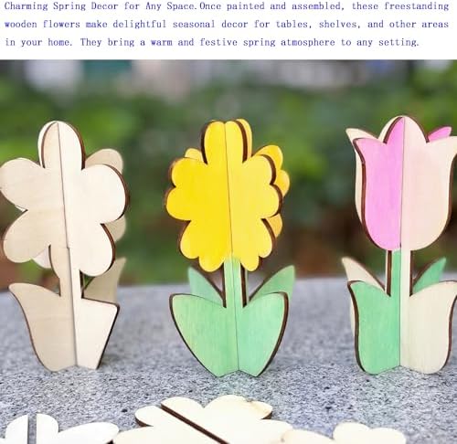 40PCS 3D Unfinished Blank Flower Wooden Cutouts Craft for Kids | Spring Tulip for Children's Painting DIY Room Decoration Gift Giving Surprise (40Flower)