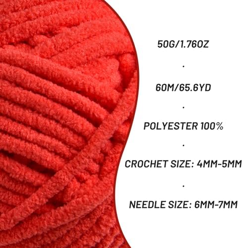 Plush Chenille Chunky Crochet Yarn - Baby Yarn for Crocheting Soft - Velvet Yarns Knitting for Blankets Crafts - Fluffy Amigurumi Yarns 50g / 65.6yd (Red)