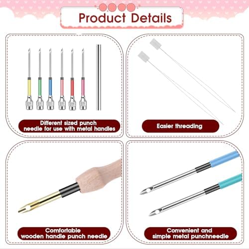 12 Pcs Punch Needle Kit, Embroidery Punch Needle Tool Wooden Handle Embroidery Tool Punch Needle Threader Set for Adults Beginner Yarn Floss Cross Stitching