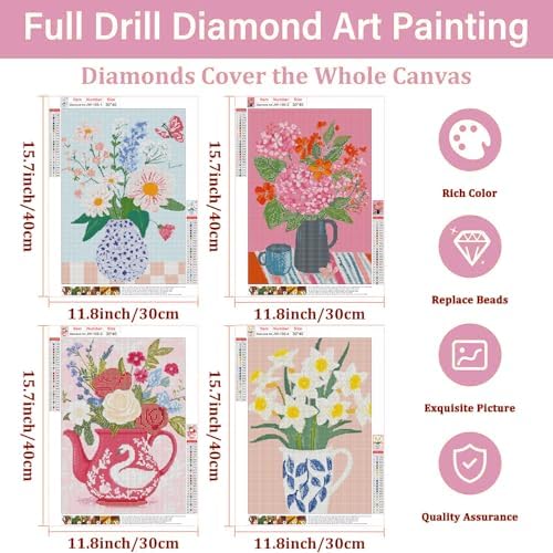 4 PC Flower Vase Diamond Art Kits for Adults, Diamond Painting Kit Adults for Beginners, Round 5D DIY Dimond art,Full Drill Painting Kit Art and Crafts for Adults Home Wall Decor【11.8x15.7inch】