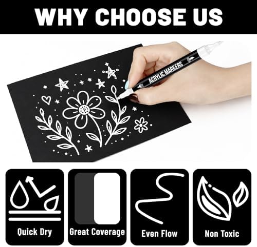 Pagather White Acrylic Paint Markers, 12 Dual Tip with Fine Tip and Brush Tip Pens for Fabric, Stone, Wood, Canvas, Ceramic, Metal, Glass, Rock Painting, DIY Crafts