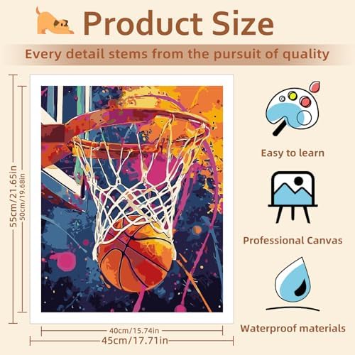 Reivworl Basketball Paint by Numbers Kit for Adults Beginner, 16" Wx20 L Basketball Paint by Number for Adult, Acrylic Painting Kits with Canvas for Gifts and Wall Decor