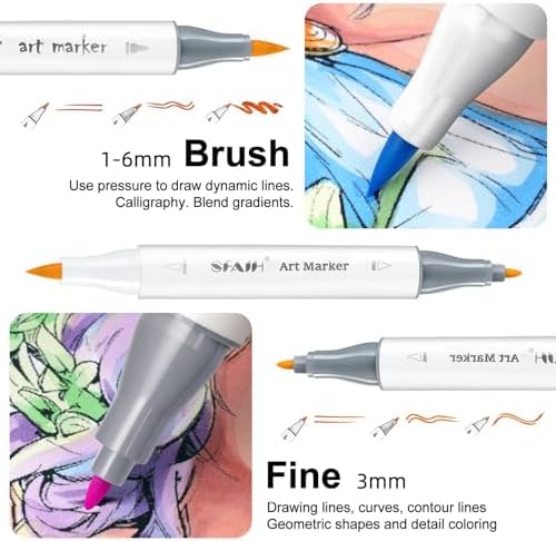 SFAIH 169 Alcohol Markers for Coloring, Brush & Fine Tip Art Set | Faux Leather Case with Strap, Zip Pocket & Lining, Premium Quality, Quick-Dry, No Bleed, Blendable, Adult Coloring, Illustrat