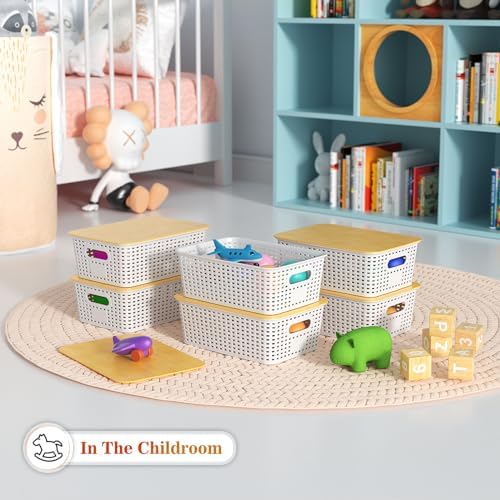 Ohmlove 6 Pack Plastic Storage Baskets with Bamboo Lids for Organization