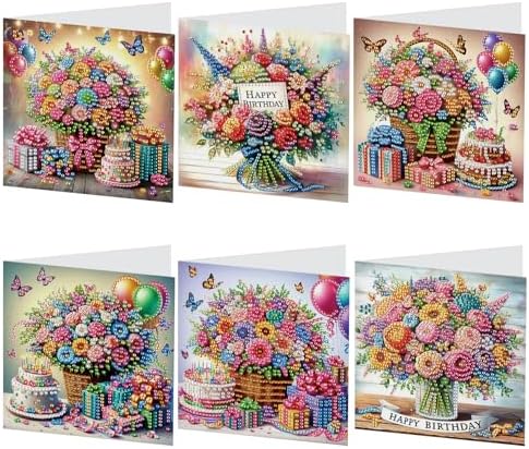 Tontut 6 Pieces Diamond Art Painted Greeting Cards, Flower Basket Gift Butterfly 5D DIY Special Shape Diamond Card Creative Gifts, Christmas Thanksgiving Greeting Card Congratulation