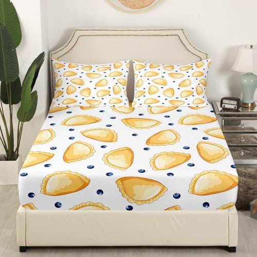 Dumplings Bed Sheet Set Full Size Chinese Style Traditional Food Mattress Cover Blueberry Sheets for Boys Girls Bedroom White Yellow with Flat,Fitted Sheet Pillowcase 4Pcs