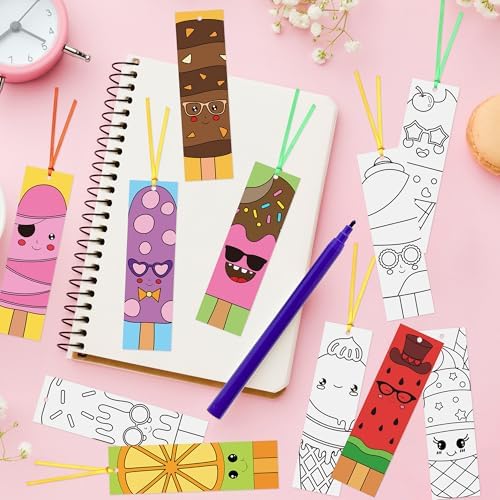 120Pcs Ice Cream Color Your Own Bookmarks - Summer Ice Cream Popsicle DIY Coloring Blank Bookmarks for School Classroom Rewards Reading Activity Gifts Crafts Birthday Party Favors Supplies