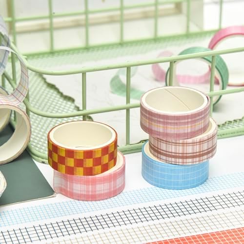 12 Rolls Grid Washi Tape Set Plaid Arts Adhesive Tapes Basic Patterns Decorative Masking Tape Sets for Craft, Kids, Scrapbook, DIY, Gift Wrapping (Style Four)