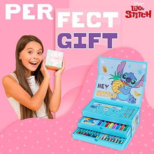 Disney Stitch Colored Pencils Art Supplies Kids School Supplies Set Stationery Girls Drawing Pencils Supplies Travel Case with Crayons Arts and Crafts for Kids 4-12 (Blue Stitch)