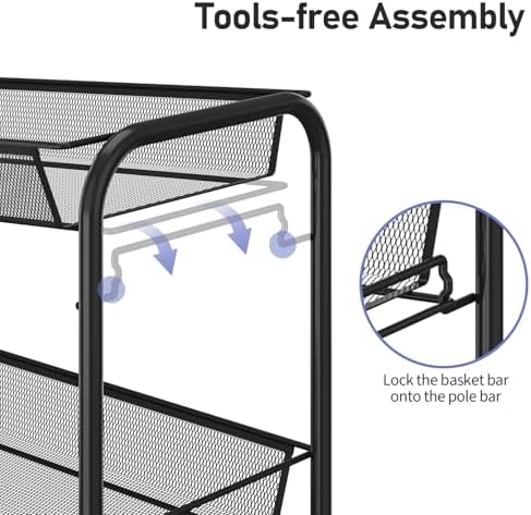 TOOLF 4-Tier Rolling Cart, Metal Utility Cart with 3 Hooks, Easy Assemble Mobile Storage Trolley On Wheels, Metal Shelving Units Kitchen Bathroom Laundry Room