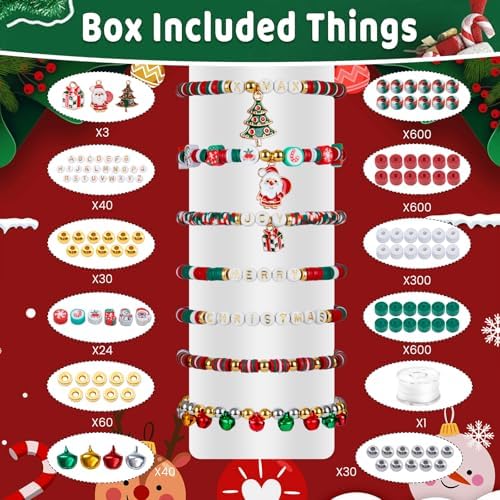 Taybonds Christmas Clay Beads for Bracelets Jewelry Making Kit, Xmas Colored Red Green Heishi Bead Kit,Christmas Charms,Golden Spacer Beads,Letter Beads for Friendship Gift,Holiday Polymer Clay Beads