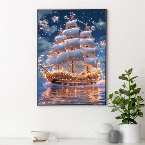 Yezavesu Pirate Ship Diamond Art Kits for Adults Beginners 12x16 Inch | Pirate Ship Diamond Painting, DIY 5D Full Round Drill Gem Art, Stress Relief Craft Kits, Home Wall Decor Gift