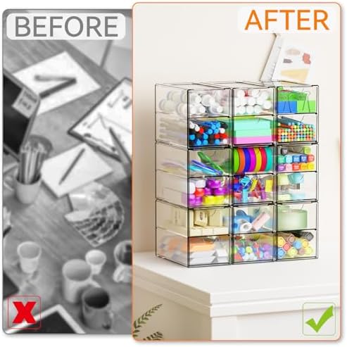 Yieach 9 Pack Small Acrylic Drawers With 18 Drawers,Clear Drawer Organizers Stackable,School,Office Supplies Organizer And Storage Bins for Stationery,Pen,Pencil,Craft,Glasses,Sunglass Organizer Case