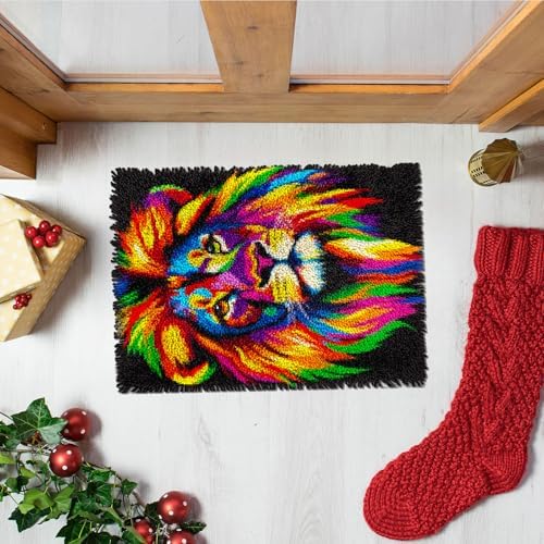 Latch Hook Rug Kit Colorful Lion Face Pre-Printed Handmade Carpet Crochet Yarn Craft DIY Hook and Latch Door Mat Tapestry for Home Floor Decoration 52x38cm-7
