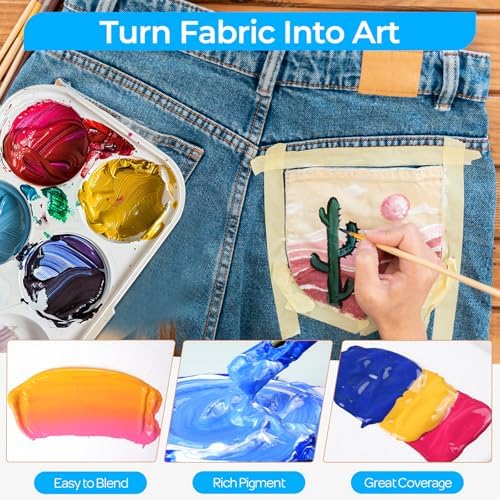 Nicpro 12 Colors Fabric Paint (1oz/30ml) with Brushes, Palette, Stencils