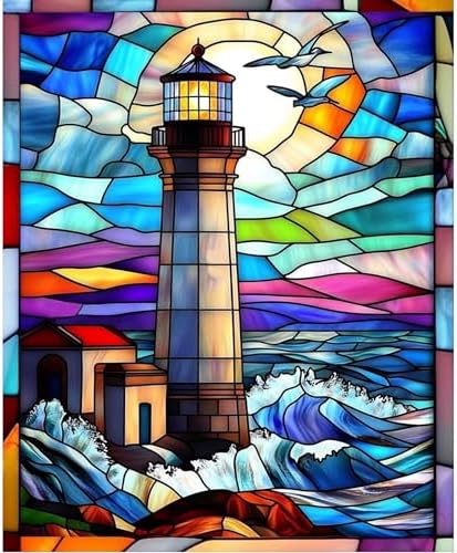 DIYDECORFUN Lighthouse Diamond Art Kits for Adults,DIY 5D Stained Glass Lighthouse Diamond Painting Kit for Beginners,Full Round Drill Landscape Dot Mosaic Gem Art for Home Wall Decor12X 16Inch