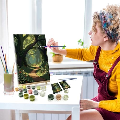 JOOZ Landscape Paint by Numbers Kit for Adults with Frame Forest Paint by Number with Easel Tree Adult Paint by Number Kits Framed Canvas Oil Painting Kits for Home Wall Decor 8x12 Inch