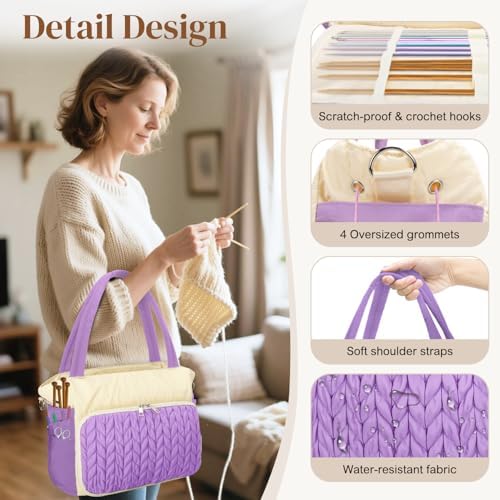 DALINDA Crochet Bag Organizer,Yarn Bag and Tote- Yarn Storage with Multiple Pockets for Crochet Supplies, Knitting Bag for Gifts,Portable & Durable(Purple)