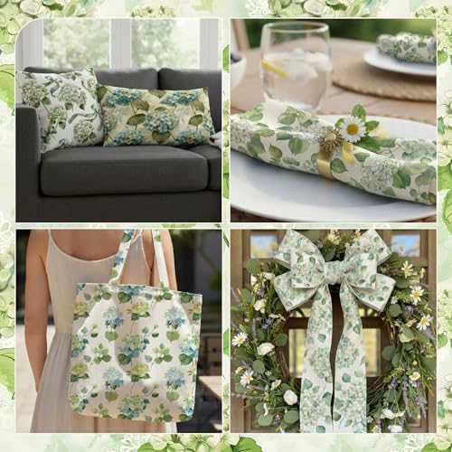 HunnmingRe 20 Pcs 10''x10'' Sage Green Hydrangea Quilting Fabric Square Greenery Flower Precuts Quilted Fabric Bundle Bow Leaves Printed Sewing Material for Patchwork Strips Spring DIY Sewing Crafts