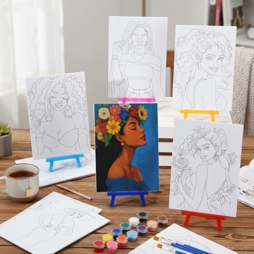 Blosssound 10 Set Charming Lady Pre Printed Canvas Pre Drawn Canvas Painting with Easel Kits 5" x 7" Sip and Paint Party Kit for DIY Art, Adult's Date Night