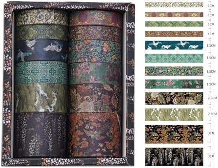 12 Rolls Chinoiserie Washi Tape Set Chinese Arts Adhesive Tapes Geometric Garden Decorative Masking Tape Sets for Craft, Kids, Scrapbook, DIY, Gift Wrapping (Almond Blossom Ridge)