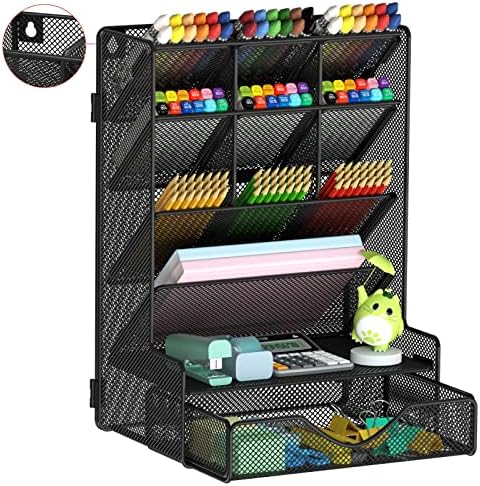 BOHDK Pen Organizer for Desk, Multi-Functional Desk Organizer, Wall Mount Pen Holder with Drawer for School, Office, Home, Art Supplies, Black