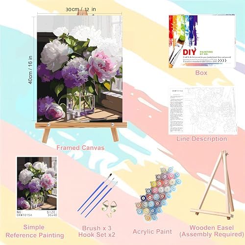 Peony Paint by Numbers for Adults with Framed Canvas - with Wooden Easel