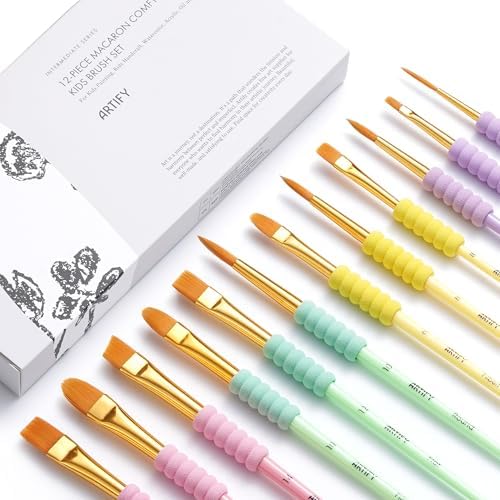 Artify Paint Brushes for Kids, 12-Sizes Paint Brush Set for Kid's Arts and Crafts, Ergonomic Donuts Handle | Macaron Colors Kids Paint Brushes, for Acrylic, Oil, Watercolor, Gouache, Paint by Numbers