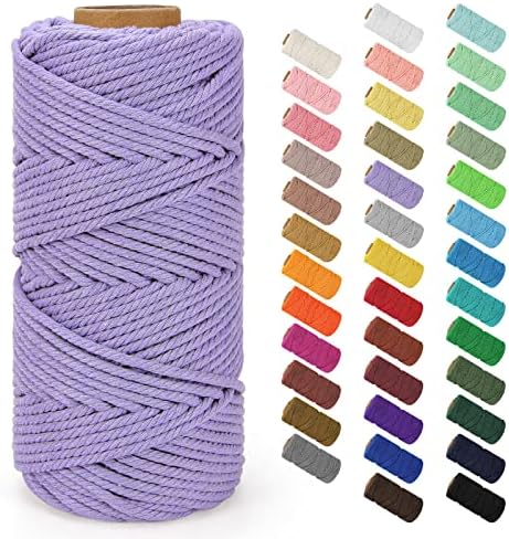 Macrame Cord 4mm x 109Yards (328Feet), Natural Cotton Macrame Rope - 4 Strands Twisted Macrame Cotton Cord for Wall Hanging, Plant Hangers, Crafts, Gift Wrapping and Wedding Decorations, Light Purple