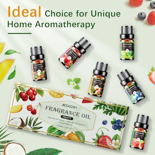 Fruity Essential Oils Set - 6x10ML Fruit Fragrance Oil for Diffuser, Aromatherapy, Candle Making - Strawberry, Cherry, Blueberry, Mango, Coconut, Watermelon Scented Oil