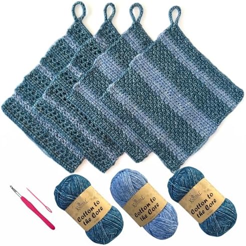 KnitPal Dishcloth Crochet Kit for Beginners (Jean Blue + Sky Blue)