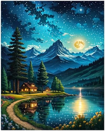 Lovepefe Mountain Paint By Numbers Kit for Adults Lakeside Cabin Adult Paint By Number Kits On Canvas Moon Night Oil Painting Kit for Beginners Adults Kits for Gift Home Wall Decor 16x20 Inch