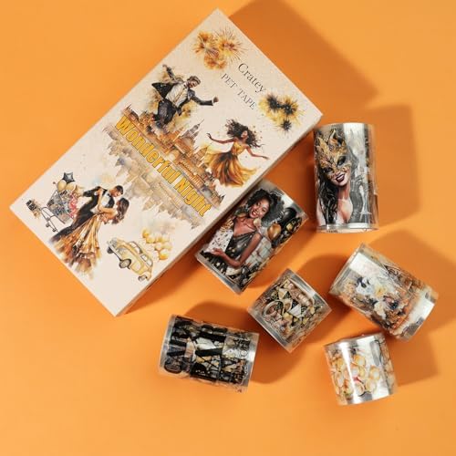 Retro Party PET Stickers washi Tape 6 Rolls, 453 pre-Cut Stickers for Scrapbooking, journaling, Card Making, Balloons, Cakes, Gentleman, Lady Patterns