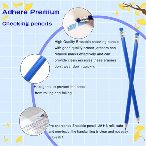 Adhere 25pcs Checking Pencils Erasable colored Pencils Pre-Sharpened #2 HB,for Checking Tests Grading,Map Coloring, editing Office Favors,including a Free sharpener. (Mixed Blue 5colors)