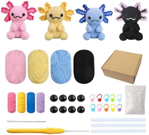 Milaflora 4Pack Axolotl Crochet Kit for Beginners Adults, DIY Crochet Animal Kit with Step-by-Step Video Tutorials, Crocheting Kits for Starters, Beginner Crochet Kit for Adults