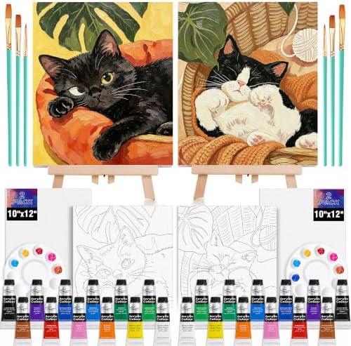 QUANWAISJ Sip and Paint Kit for Adults, Pre Drawn Canvas for Painting for Adults, 2 Pack Canvas Painting Kit, Paint Party Kit, Date Night Activities for Couples (Leisurely Cat)